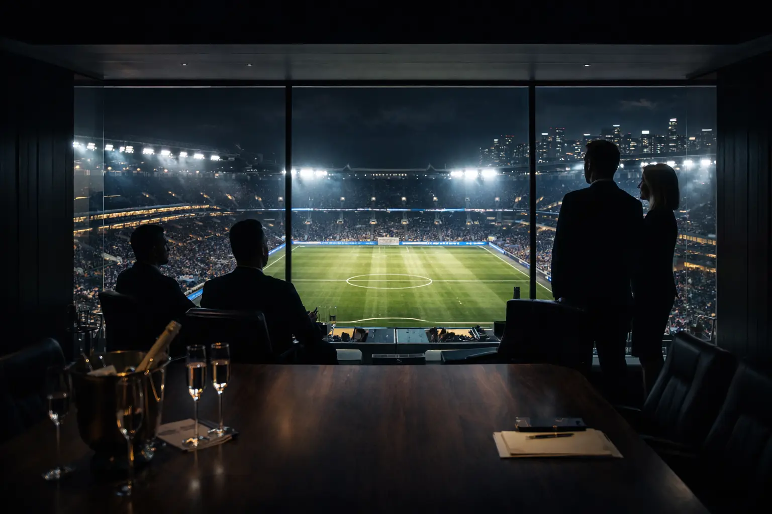 Premium hospitality suite overlooking a live football pitch